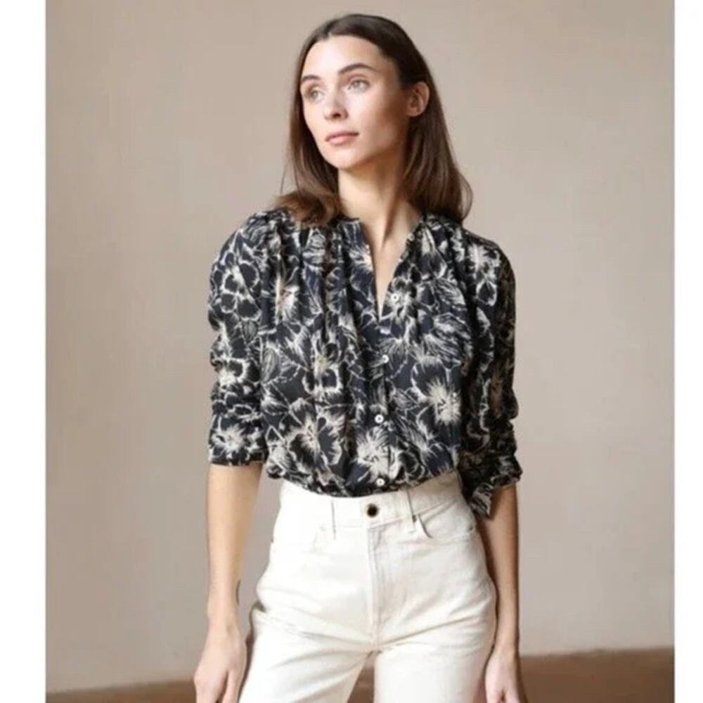 Mille Resort Travel Florian Button Front Blouse Small Black Hibiscus Top Cotton